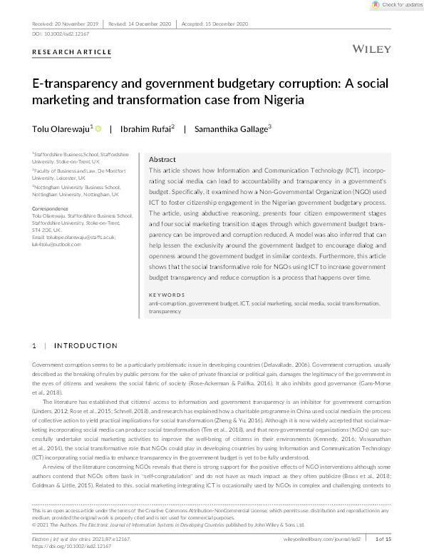 E-transparency and government budgetary corruption: A social marketing and transformation case from Nigeria Thumbnail