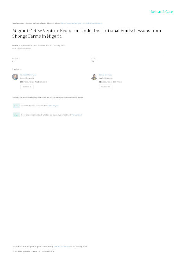 New venture evolution of migrants under institutional voids: Lessons from Shonga Farms in Nigeria Thumbnail