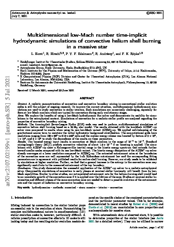 Multidimensional low-Mach number time-implicit hydrodynamic simulations of convective helium shell burning in a massive star Thumbnail
