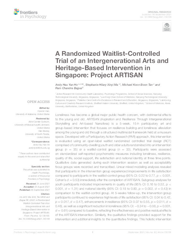 A Randomized Waitlist-Controlled Trial of an Intergenerational Arts and Heritage-Based Intervention in Singapore: Project ARTISAN Thumbnail