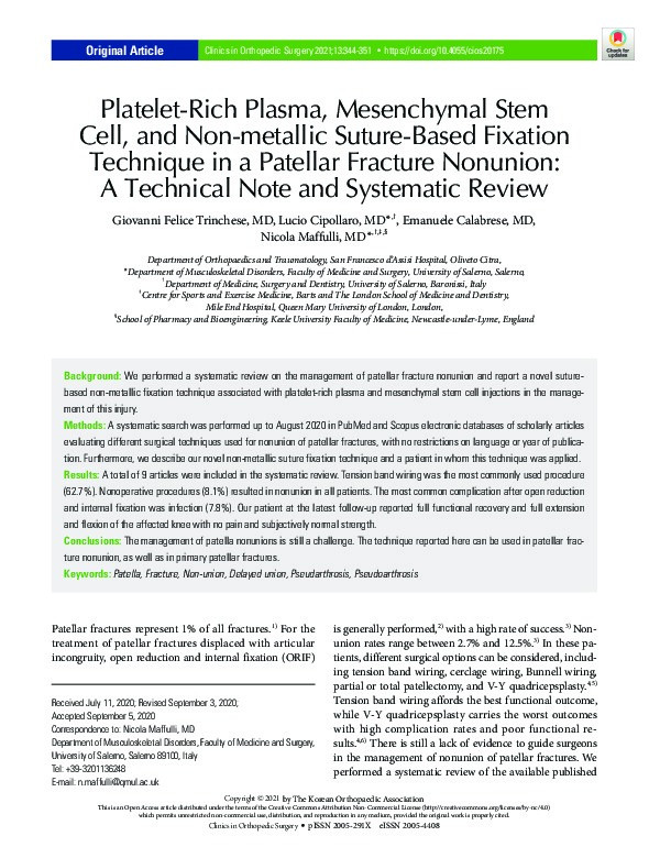 Platelet-Rich Plasma, Mesenchymal Stem Cell, and Non-metallic Suture-Based Fixation Technique in a Patellar Fracture Nonunion: A Technical Note and Systematic Review. Thumbnail