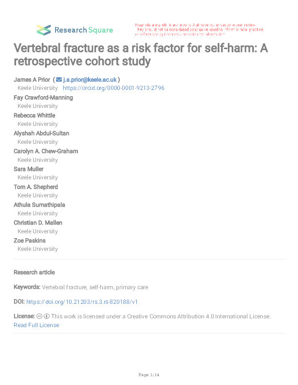 Vertebral fracture as a risk factor for self-harm: A retrospective cohort study Thumbnail