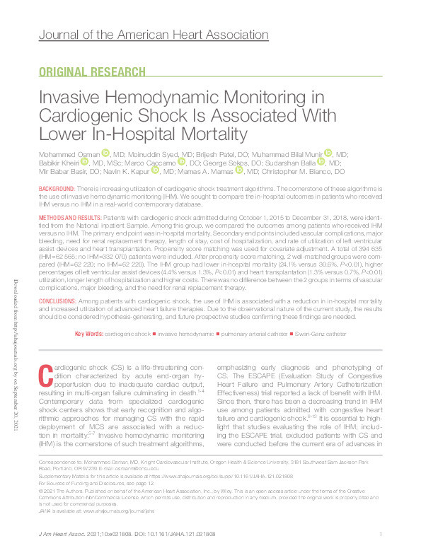 Invasive Hemodynamic Monitoring in Cardiogenic Shock Is Associated With Lower In‐Hospital Mortality Thumbnail