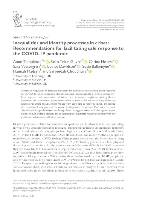 Inequalities and identity processes in crises: Recommendations for facilitating safe response to the COVID-19 pandemic Thumbnail