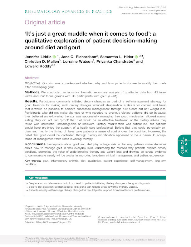 'It's just a great muddle when it comes to food': a qualitative exploration of patient decision-making around diet and gout. Thumbnail