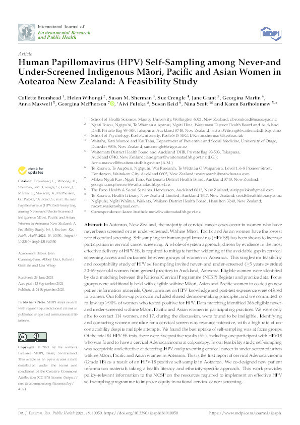 Human papillomavirus (HPV) self-sampling among never- and under-screened indigenous Maori, Pacific and Asian women in Aotearoa New Zealand: A Feasibility Study Thumbnail