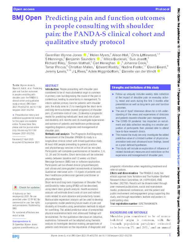 Predicting pain and function outcomes in people consulting with shoulder pain: the PANDA-S clinical cohort and qualitative study protocol Thumbnail
