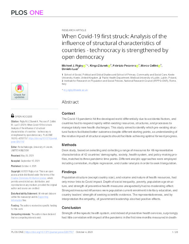 When Covid-19 first struck: analysis of the influence of structural characteristics of countries - technocracy is strengthened by open democracy Thumbnail