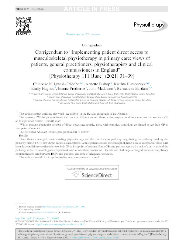 Corrigendum to "Implementing patient direct access to musculoskeletal physiotherapy in primary care: views of patients, general practitioners, physiotherapists and clinical commissioners in England" [Physiotherapy 111 (June) (2021) 31-39]. Thumbnail