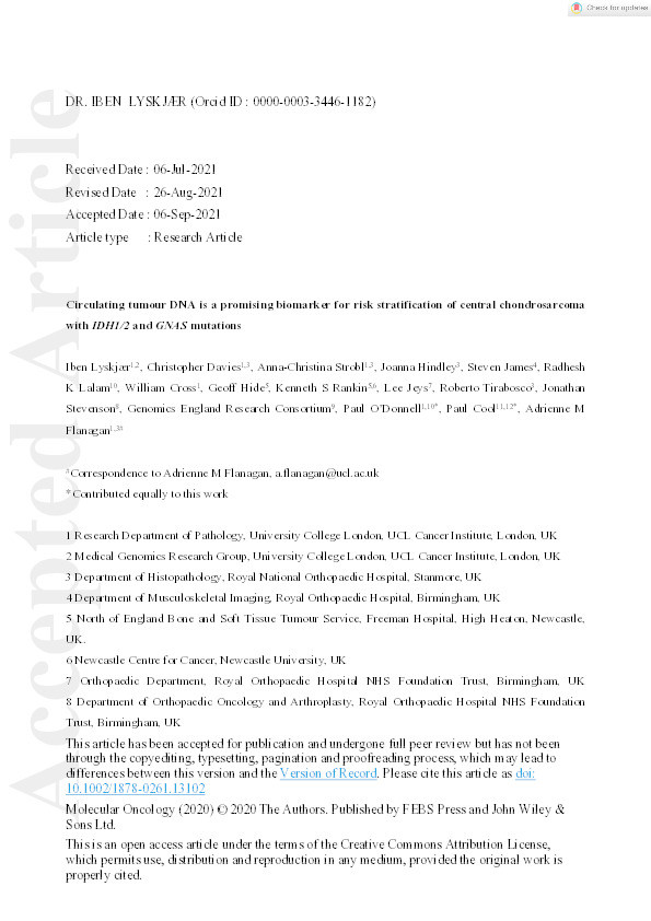 Circulating tumour DNA is a promising biomarker for risk stratification of central chondrosarcoma with IDH1/2 and GNAS mutations Thumbnail