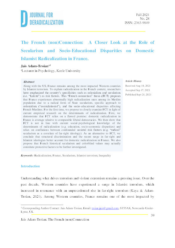 The French (non)Connection: A Closer Look at the Role of Secularism and Socio-Educational Disparities on Domestic Islamist Radicalization in France. Thumbnail