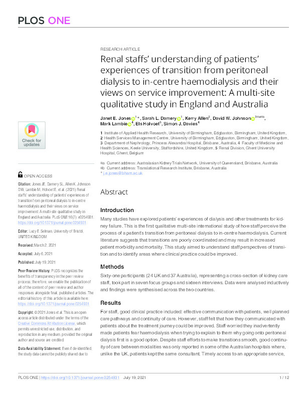Renal staffs' understanding of patients' experiences of transition from peritoneal dialysis to in-centre haemodialysis and their views on service improvement: A multi-site qualitative study in England and Australia. Thumbnail