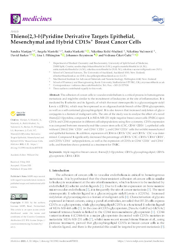 Thieno[2,3-b]Pyridine Derivative Targets Epithelial, Mesenchymal and Hybrid CD15s+ Breast Cancer Cells. Thumbnail