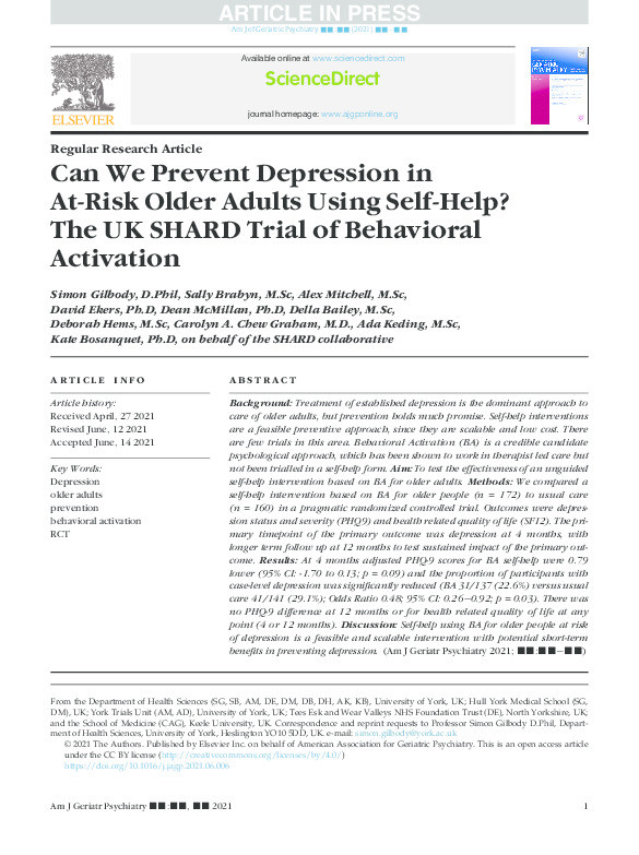 Can We Prevent Depression in At-Risk Older Adults Using Self-Help? The UK SHARD Trial of Behavioral Activation. Thumbnail