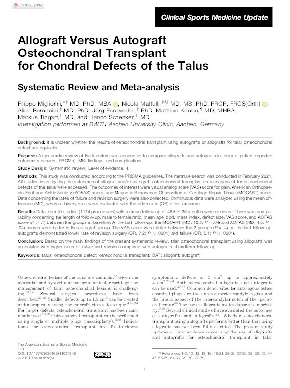 Allograft Versus Autograft Osteochondral Transplant for Chondral Defects of the Talus: Systematic Review and Meta-analysis Thumbnail