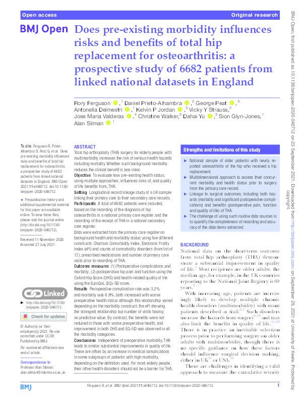 Does pre-existing morbidity influences risks and benefits of total hip replacement for osteoarthritis: a prospective study of 6682 patients from linked national datasets in England Thumbnail