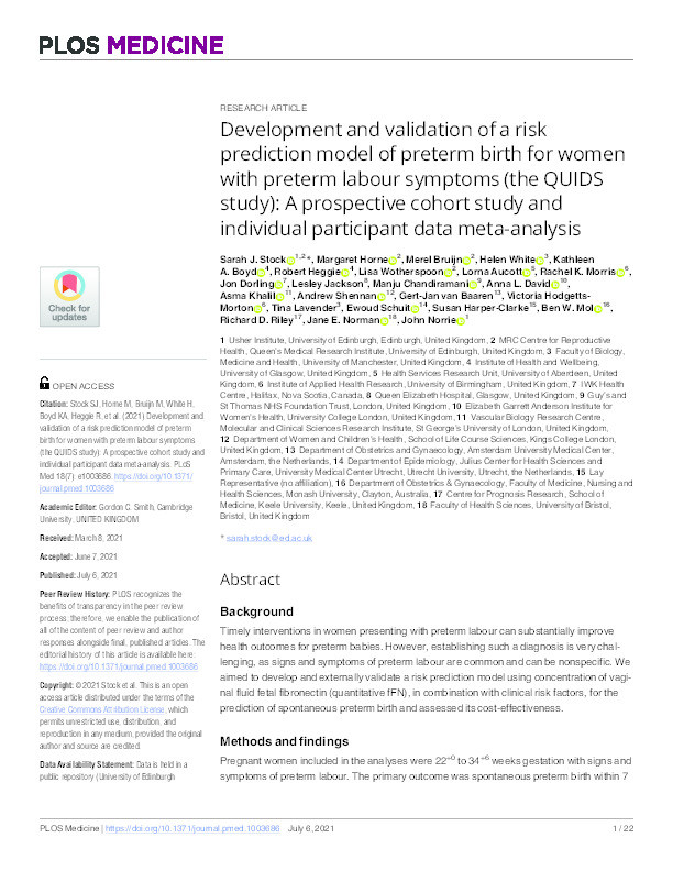 Development and validation of a risk prediction model of preterm birth for women with preterm labour symptoms (the QUIDS study): A prospective cohort study and individual participant data meta-analysis. Thumbnail