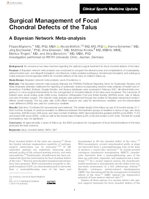 Surgical Management of Focal Chondral Defects of the Talus: A Bayesian Network Meta-analysis Thumbnail