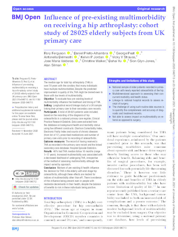 Influence of pre-existing multimorbidity on receiving a hip arthroplasty: cohort study of 28 025 elderly subjects from UK primary care Thumbnail