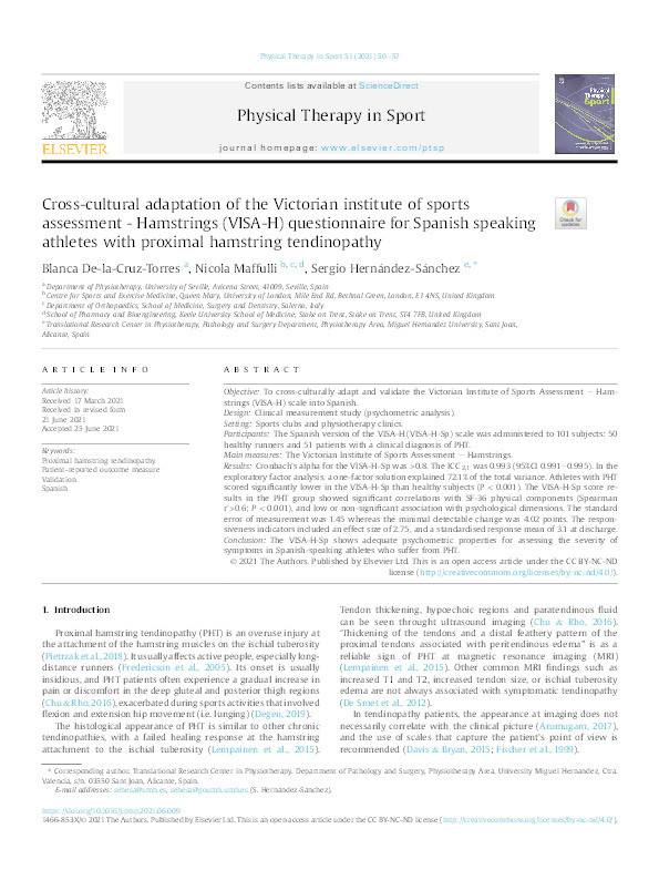 Cross-cultural adaptation of the Victorian institute of sports assessment - Hamstrings (VISA-H) questionnaire for Spanish speaking athletes with proximal hamstring tendinopathy. Thumbnail