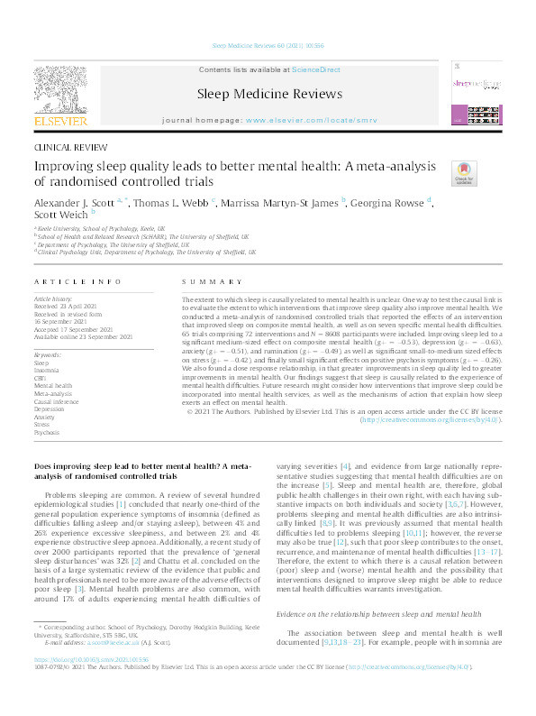 Improving Sleep Quality Leads to Better Mental Health: A Meta-Analysis of Randomised Controlled Trials Thumbnail