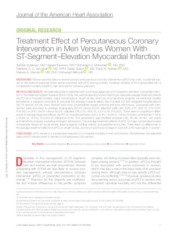 Treatment Effect of Percutaneous Coronary Intervention in Men Versus Women With ST-Segment-Elevation Myocardial Infarction. Thumbnail