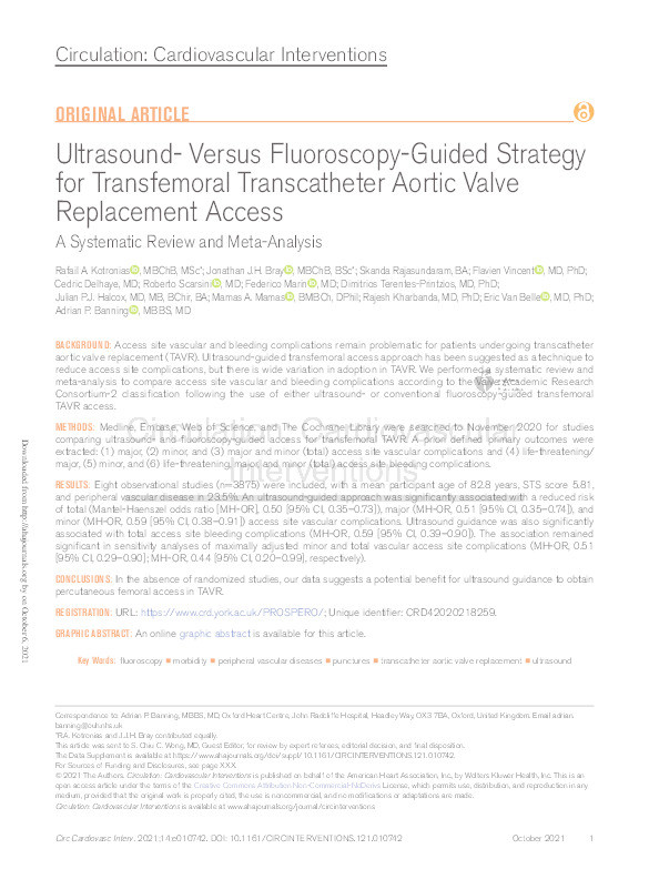 Ultrasound- Versus Fluoroscopy-Guided Strategy for Transfemoral Transcatheter Aortic Valve Replacement Access: A Systematic Review and Meta-Analysis. Thumbnail