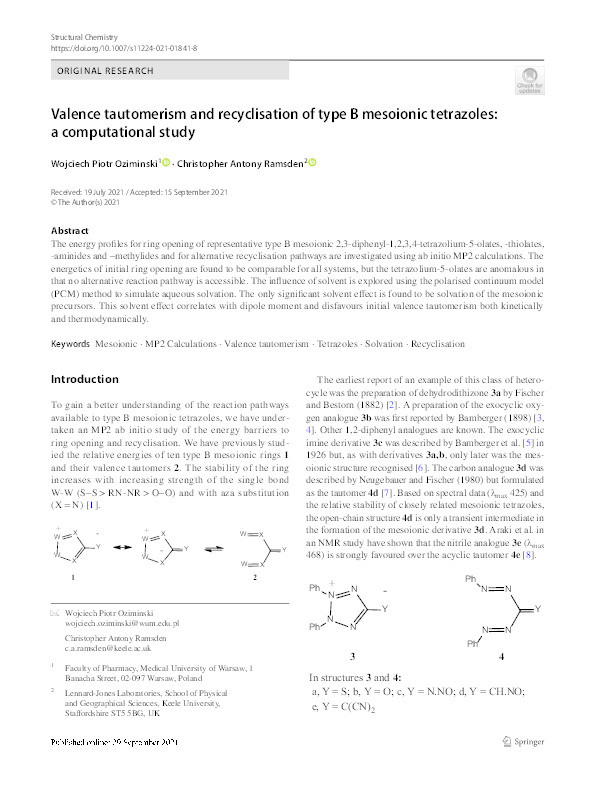 Valence tautomerism and recyclisation of type B mesoionic tetrazoles: a computational study Thumbnail