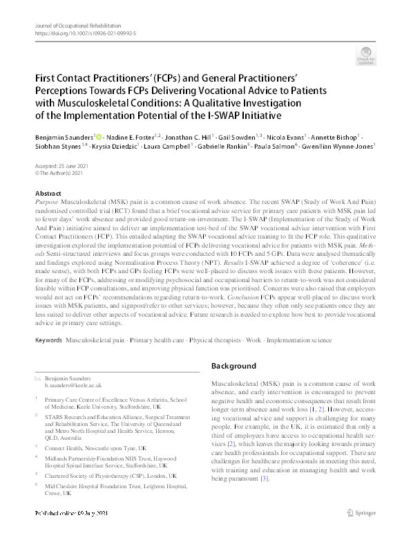 First Contact Practitioners' (FCPs) and General Practitioners' Perceptions Towards FCPs Delivering Vocational Advice to Patients with Musculoskeletal Conditions: A Qualitative Investigation of the Implementation Potential of the I-SWAP Initiative. Thumbnail