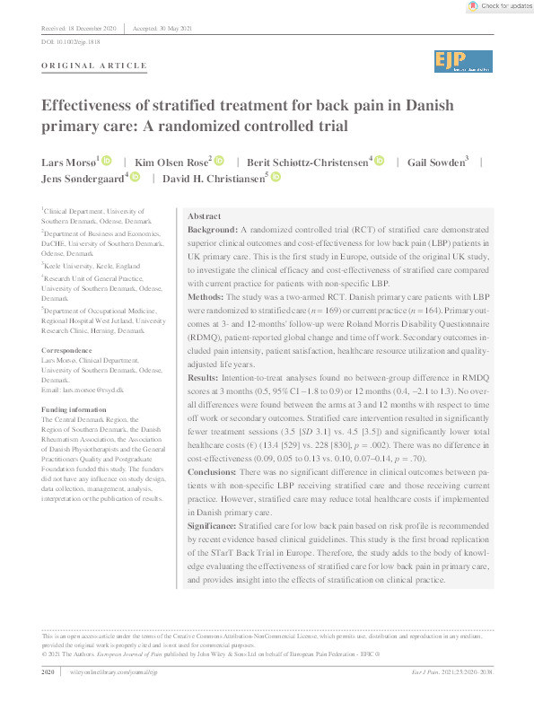 Effectiveness of stratified treatment for back pain in Danish primary care: A randomized controlled trial Thumbnail