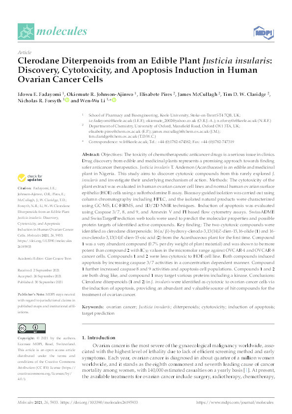 Clerodane Diterpenoids from an Edible Plant Justicia insularis: Discovery, Cytotoxicity, and Apoptosis Induction in Human Ovarian Cancer Cells Thumbnail
