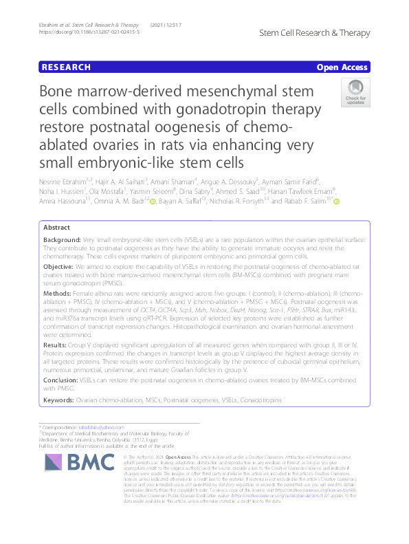 Bone marrow-derived mesenchymal stem cells combined with gonadotropin therapy restore postnatal oogenesis of chemo-ablated ovaries in rats via enhancing very small embryonic-like stem cells. Thumbnail