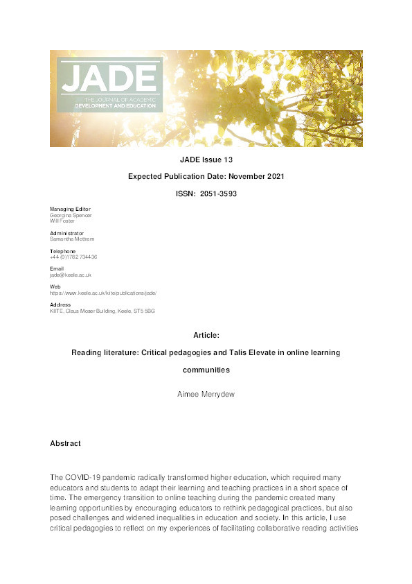 Reading literature: Critical pedagogies and Talis Elevate in online learning communities Thumbnail