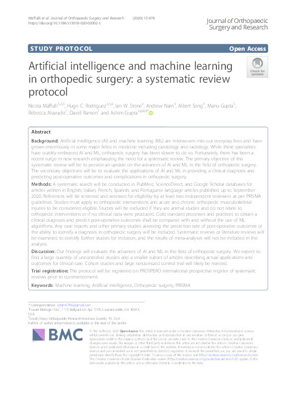 Artificial intelligence and machine learning in orthopedic surgery: a systematic review protocol. Thumbnail