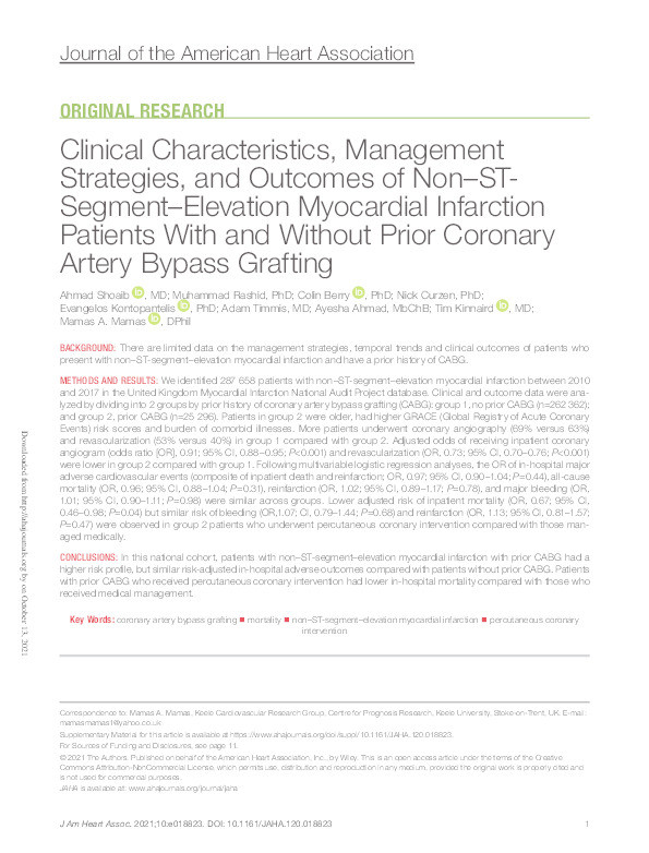 Clinical Characteristics, Management Strategies, and Outcomes of Non-ST-Segment-Elevation Myocardial Infarction Patients With and Without Prior Coronary Artery Bypass Grafting. Thumbnail