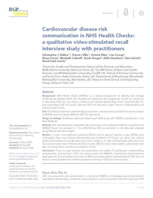 Cardiovascular disease risk communication in NHS Health Checks: a qualitative video-stimulated recall interview study with practitioners. Thumbnail