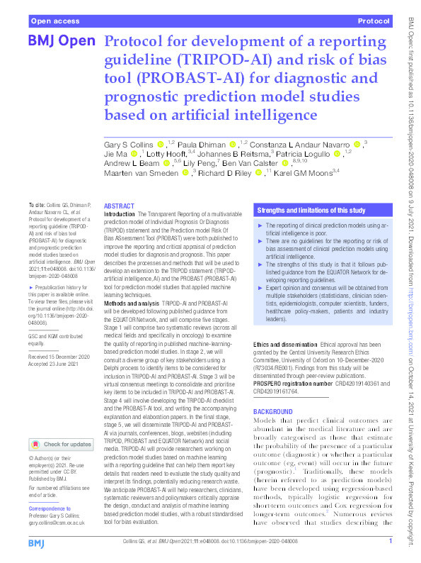 Protocol for development of a reporting guideline (TRIPOD-AI) and risk of bias tool (PROBAST-AI) for diagnostic and prognostic prediction model studies based on artificial intelligence. Thumbnail