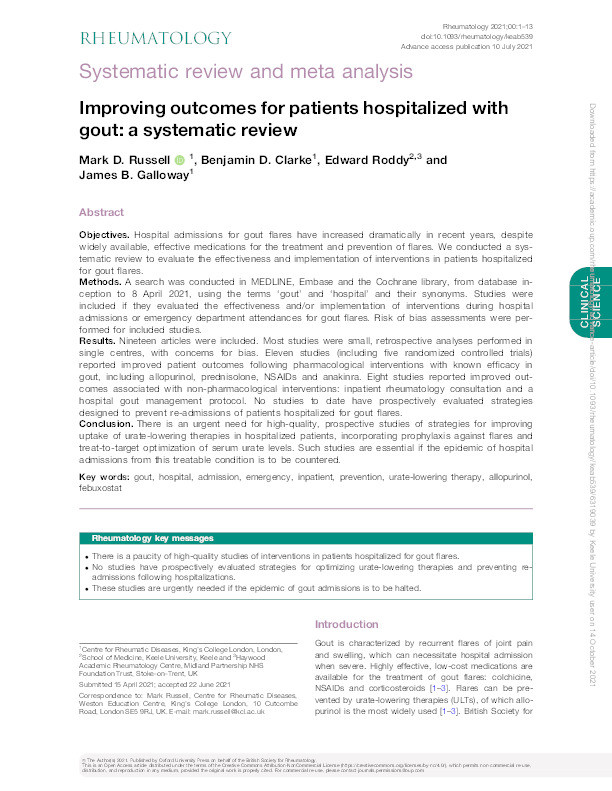 Improving outcomes for patients hospitalised with gout: a systematic review. Thumbnail