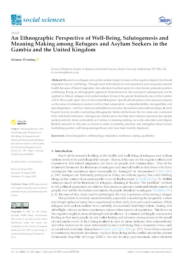 An Ethnographic Perspective of Well-Being, Salutogenesis and Meaning Making among Refugees and Asylum Seekers in the Gambia and the United Kingdom Thumbnail