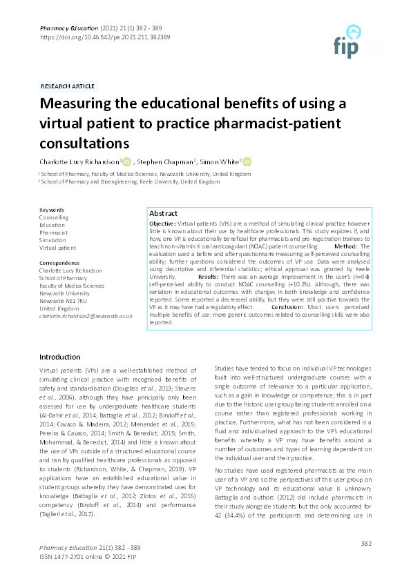 Measuring the educational benefits of using a virtual patient to practice pharmacist-patient consultations Thumbnail