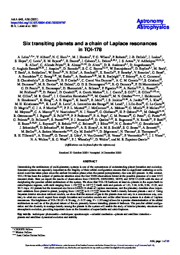 Six transiting planets and a chain of Laplace resonances in TOI-178 Thumbnail