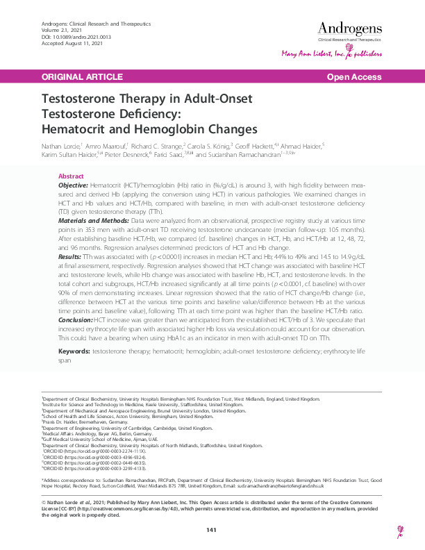 Testosterone Therapy in Adult-Onset Testosterone Deficiency: Hematocrit and Hemoglobin Changes Thumbnail
