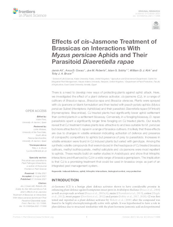 Effects of cis-Jasmone Treatment of Brassicas on Interactions With Myzus persicae Aphids and Their Parasitoid Diaeretiella rapae. Thumbnail