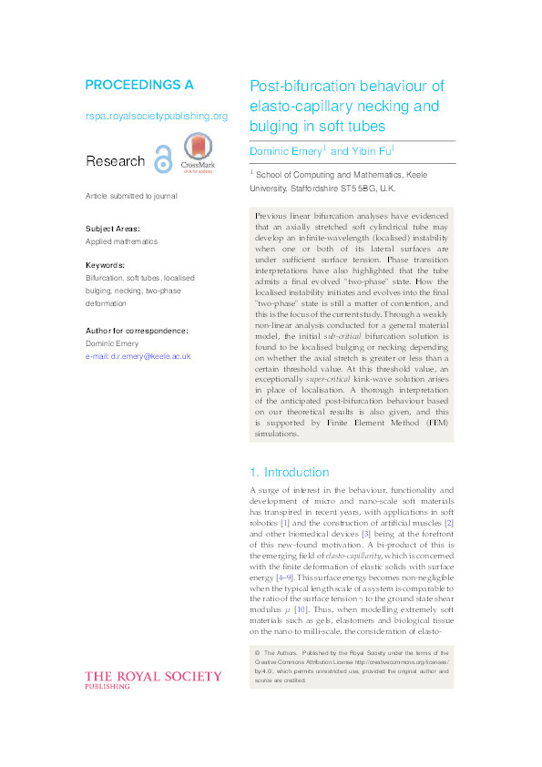 Post-bifurcation behaviour of elasto-capillary necking and bulging in soft tubes Thumbnail