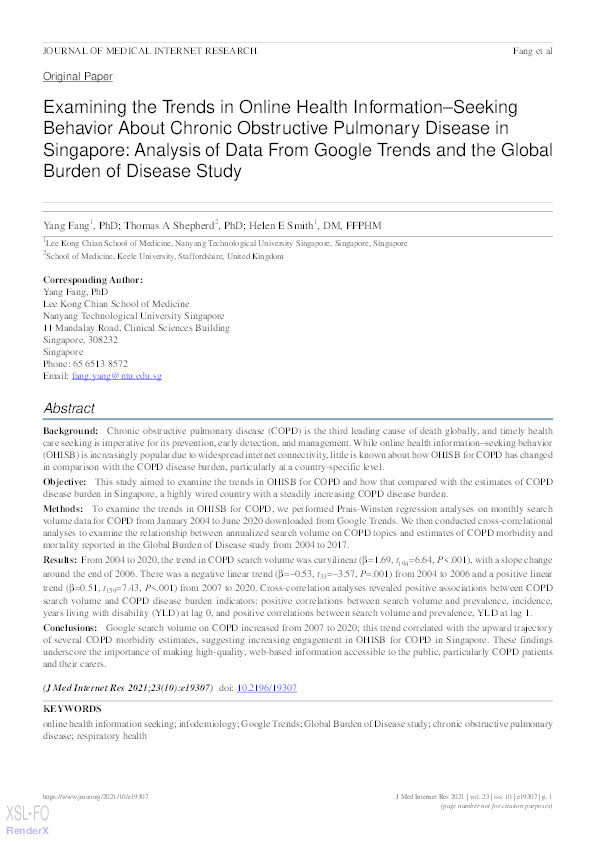 Examining the Trends in Online Health Information–Seeking Behavior About Chronic Obstructive Pulmonary Disease in Singapore: Analysis of Data From Google Trends and the Global Burden of Disease Study Thumbnail