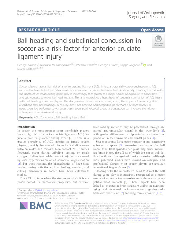 Ball heading and subclinical concussion in soccer as a risk factor for anterior cruciate ligament injury. Thumbnail