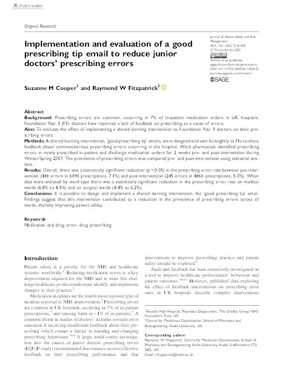 Implementation and evaluation of a good prescribing tip email to reduce junior doctors' prescribing errors Thumbnail