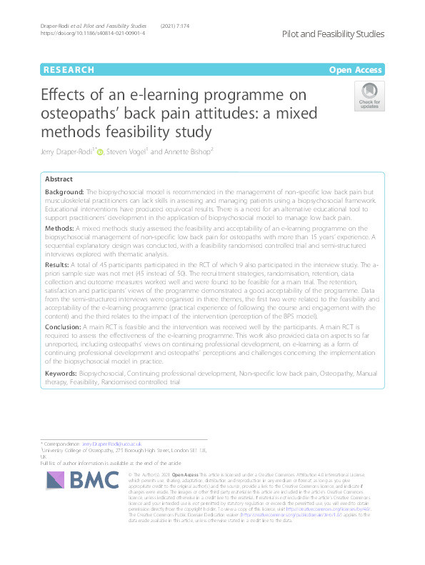 Effects of an e-learning programme on osteopaths' back pain attitudes: a mixed methods feasibility study. Thumbnail
