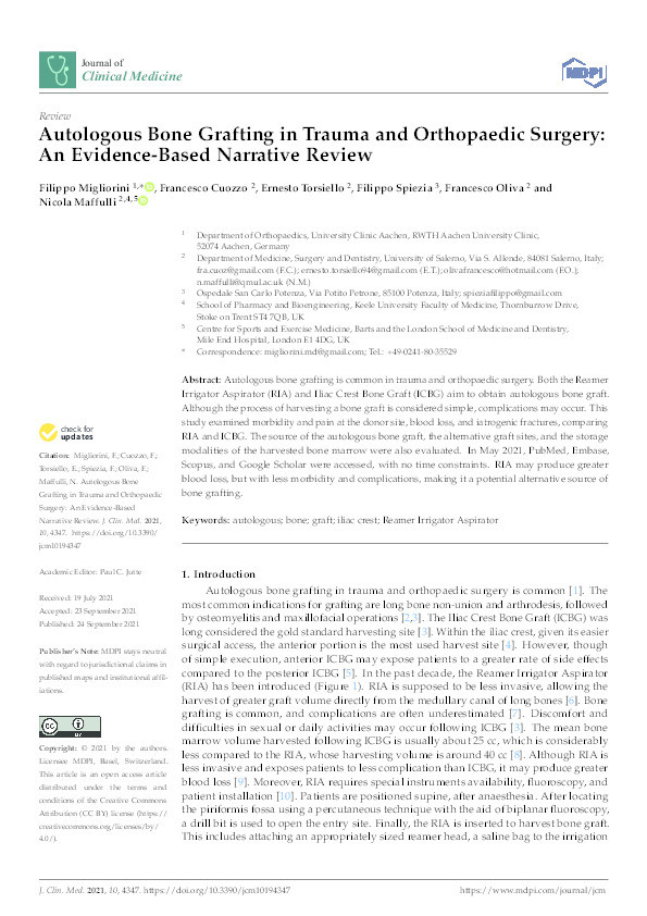 Autologous Bone Grafting in Trauma and Orthopaedic Surgery: An Evidence-Based Narrative Review. Thumbnail