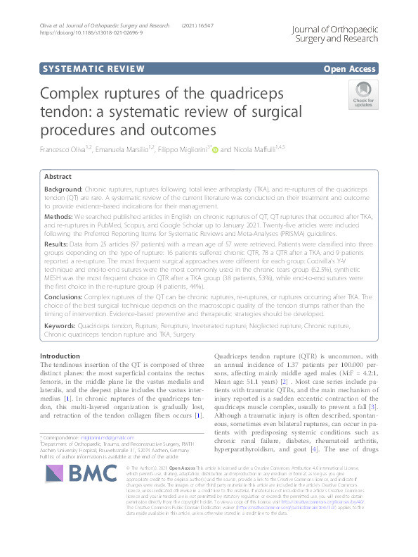 Complex ruptures of the quadriceps tendon: a systematic review of surgical procedures and outcomes. Thumbnail
